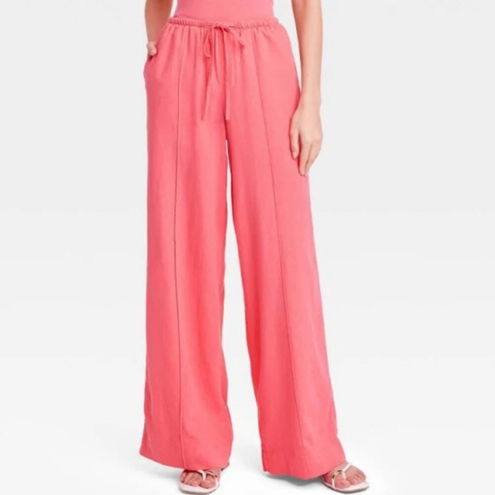 Wide Leg Linen Blend Pants Pink High Rise Beach Vacation Resort Size Small